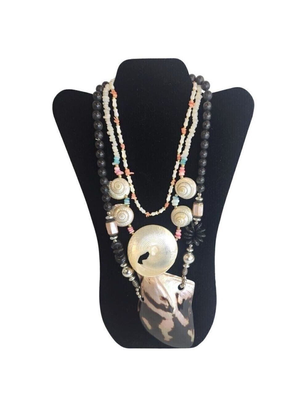 Seashell Beach Tropical Necklace set of 3 With Black, White & Mother Of Pearl,